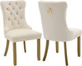 Cream Velvet Dining Chairs Set of 2, Ring Pull, Golden Solid Wood Legs