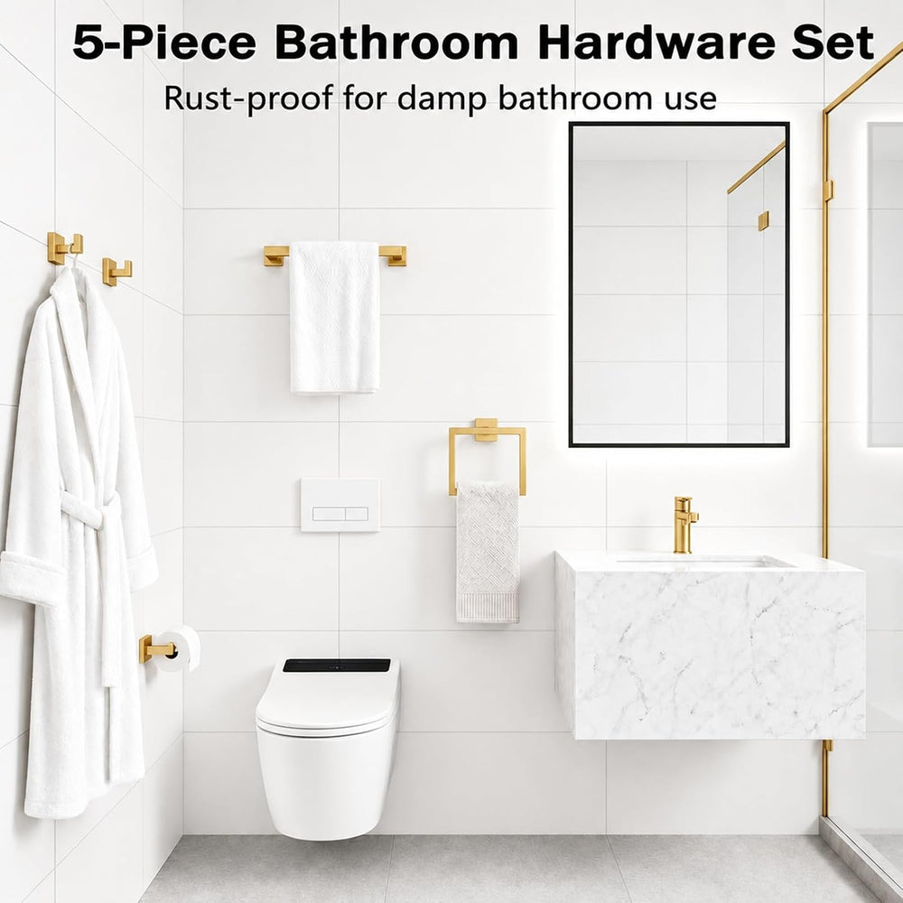5-Piece Brushed Gold Bathroom Accessorys Stainless Steel Towel Bar Set