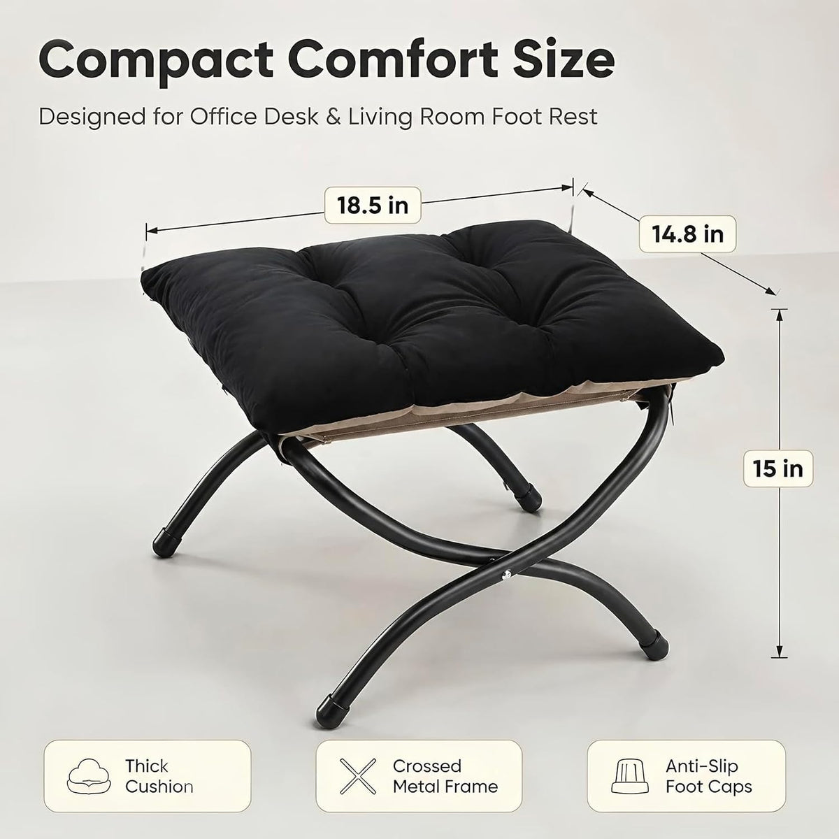 15" upholstered folding foot rest stool with foldable, close-up detail
