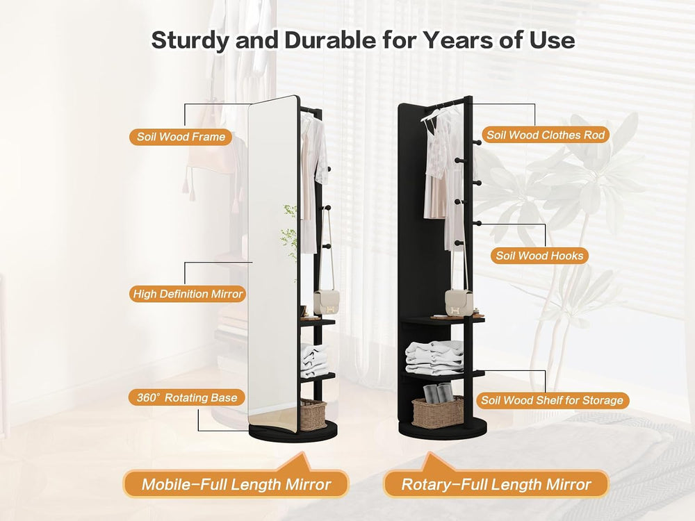 66" 360° Rotating Full Length Mirror with Hooks & Storage Coat Rack