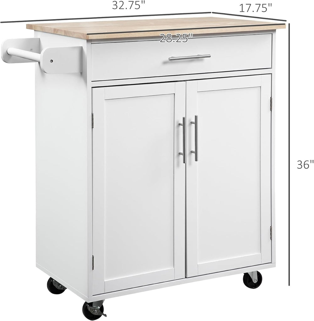 HOMCOM Kitchen Island Cart with Solid Wood Top, Storage Cabinet, White