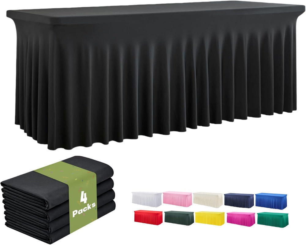 leegleri 4 Pack Black Spandex Table Cloths for 6 Foot Rectangle Tables, Wrink...