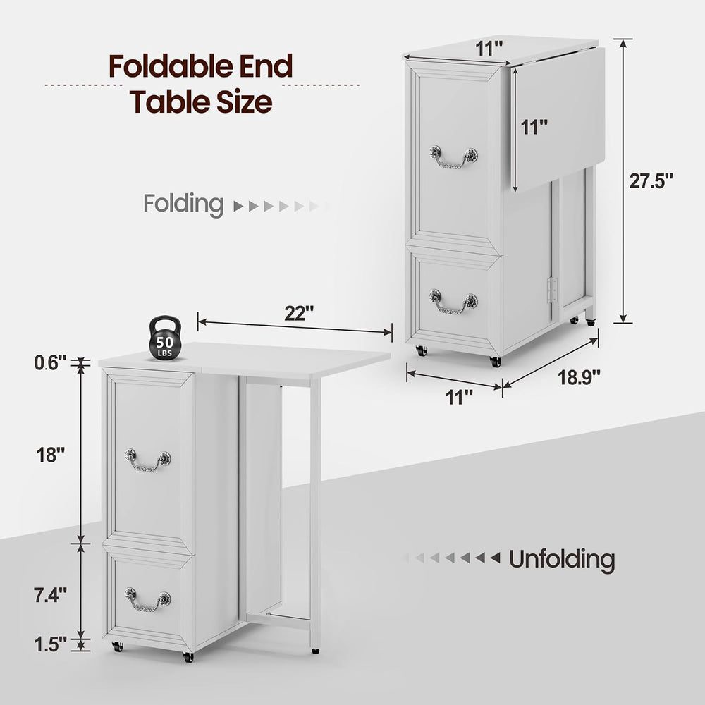 Dystler Rolling Side Table on Wheels, with Drawers & LED Lights Charging