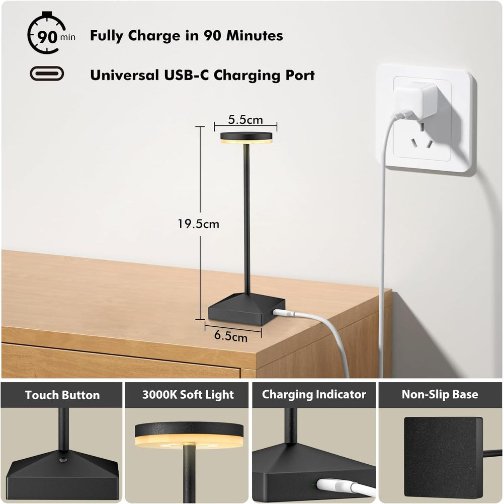 3 Pack Small Black Rechargeable Cordless Table Lamps Dimmable