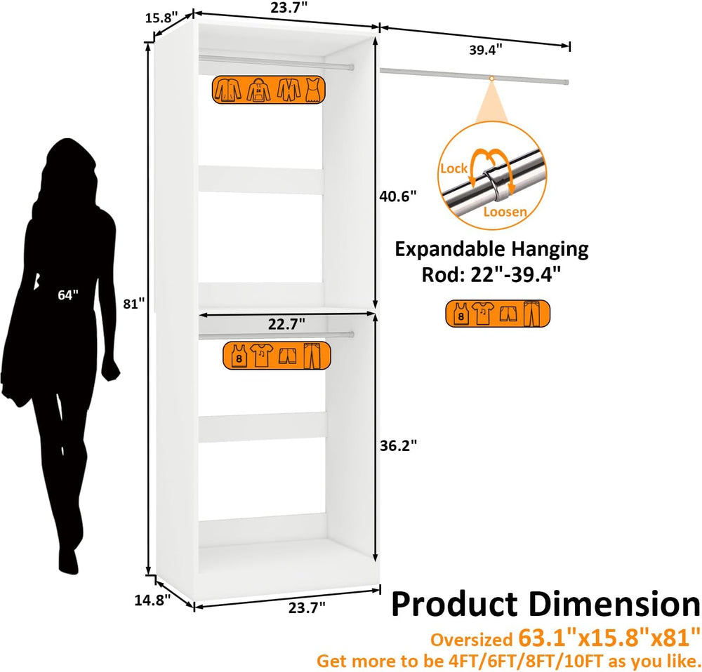 Closet System with 3 Hanging Rods& Shelf , 2FT Small Closet Organizer Sys...