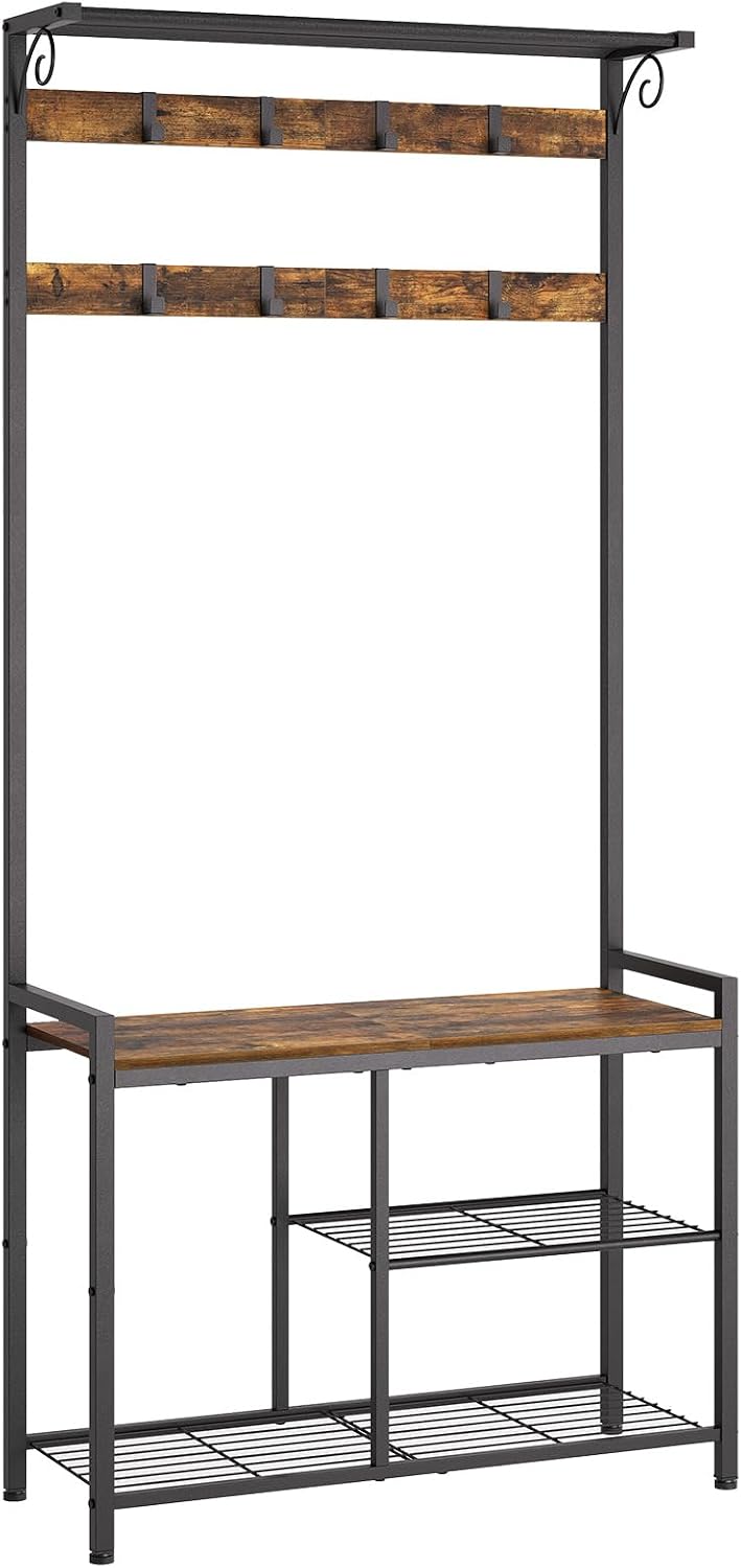 YATINEY Coat Rack Shoe Bench, 4-in-1 Hall Tree with Storage Shelves and Hangi...