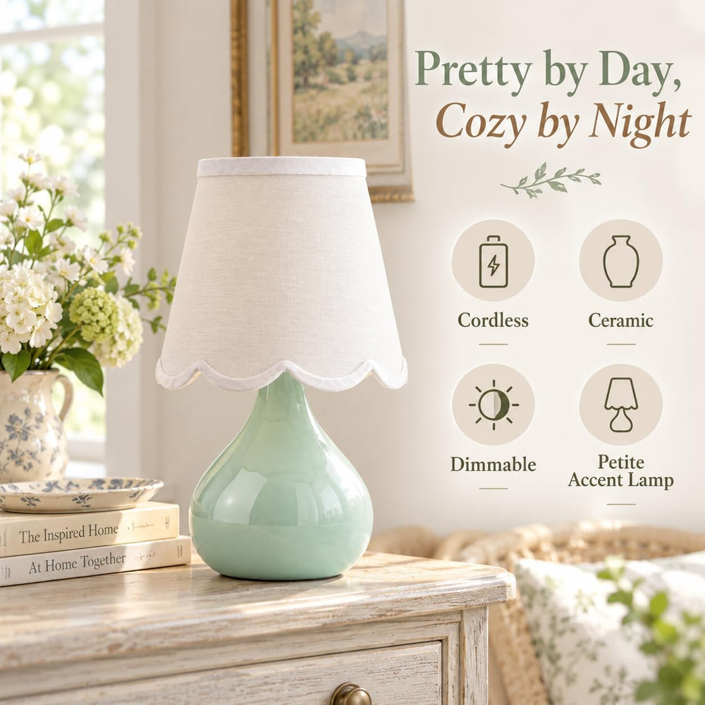 14 Inch Cordless Ceramic Table Lamp with Scalloped Shade, Celadon Green