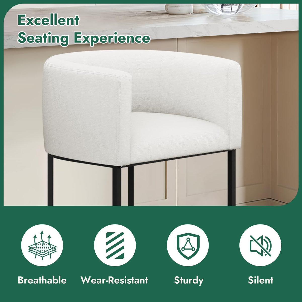 Counter Height Bar Stools Set of 4, 24 Inch Seat Height Barstools for Dining Room, Fabric Upholstered Bar Chair for Kitchen Island, Linen Counter Stools with Metal Legs, White