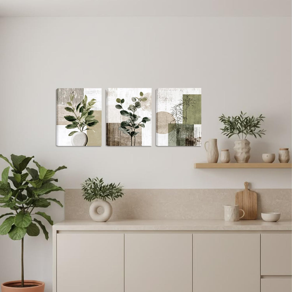 Boho Abstract Eucalyptus leaves Canvas Wrapped Wall Art Set of 3 16x12in