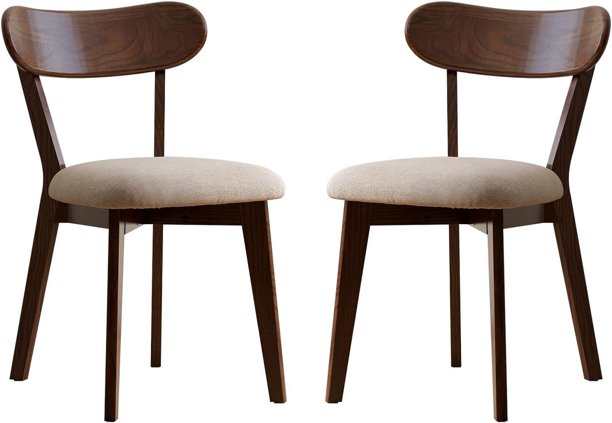 100% Solid Oak Dining Chairs, Mid Century Modern Dining Chair with Curved Backrest, Fabric Upholstered Dining Chairs for Kitchen, Study, Living Room (2, Walnut Wood-Gray Cushion)