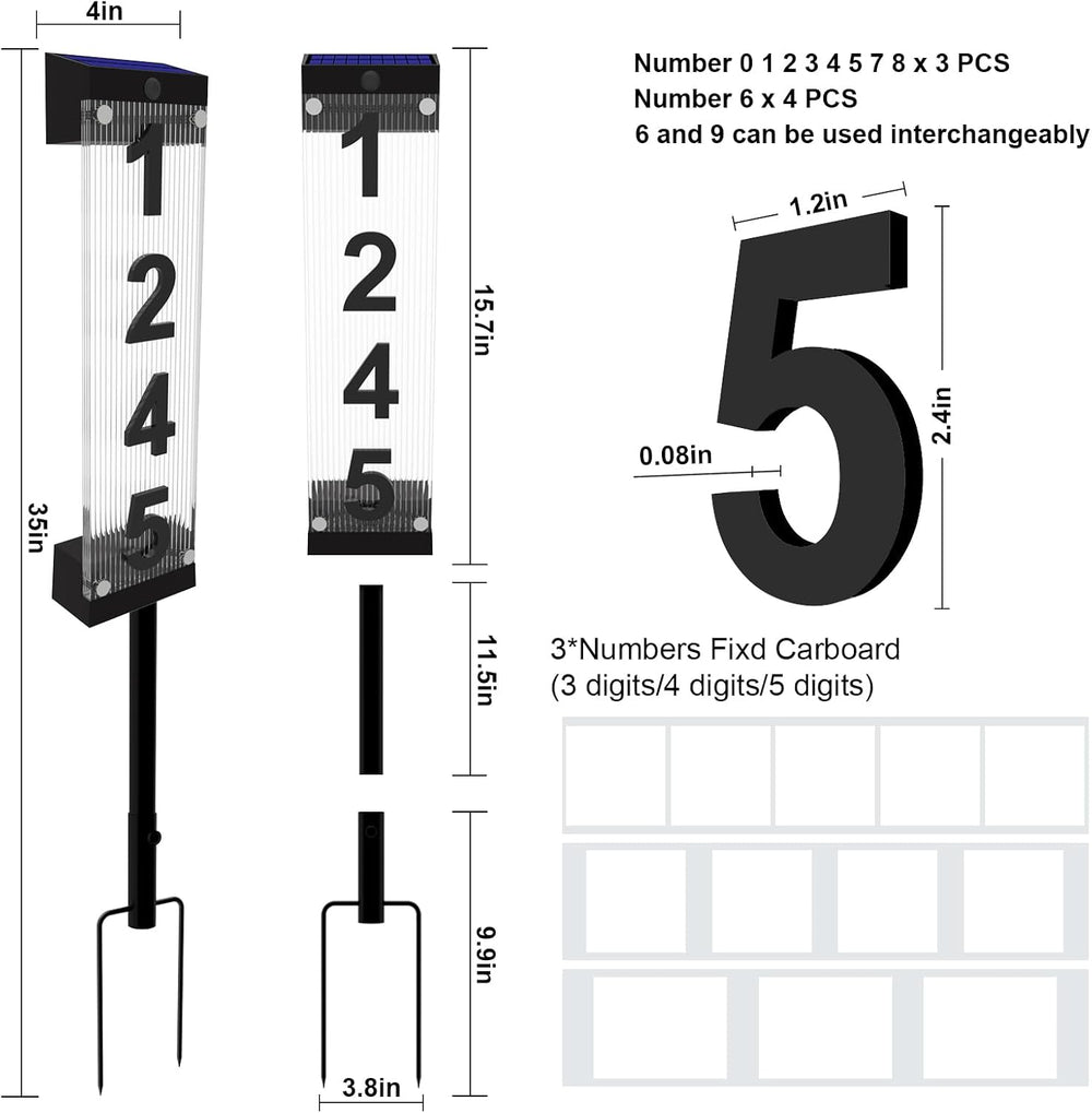 Solar House Number, Solar Address Number with 3D Acrylic Number Iron Stakes C...