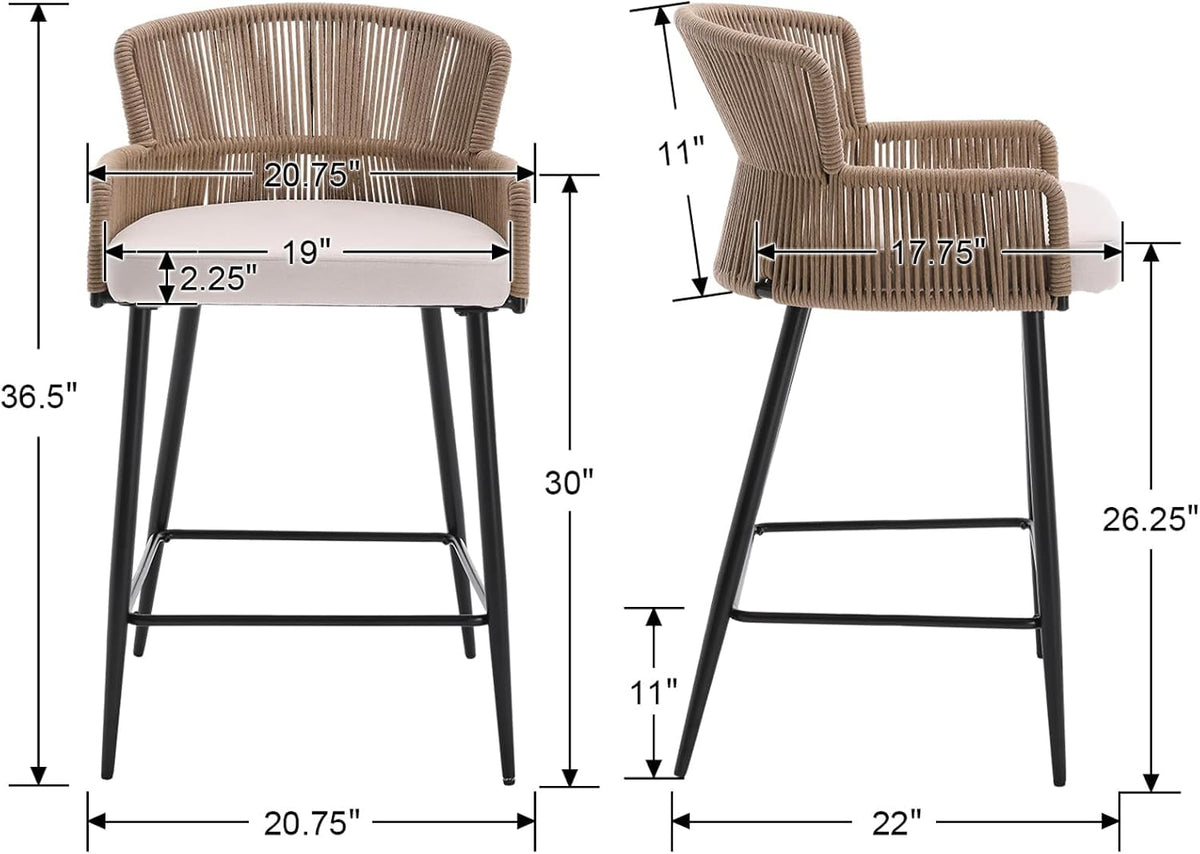 HNY Farmhouse Woven Bar Stools Set of 3, 26 Inch Linen Upholstered Rattan Barstools with Curved Backs, Modern Cane Counter Height Bar Chairs with Metal Legs and Armrest for Kitchen Island, Beige