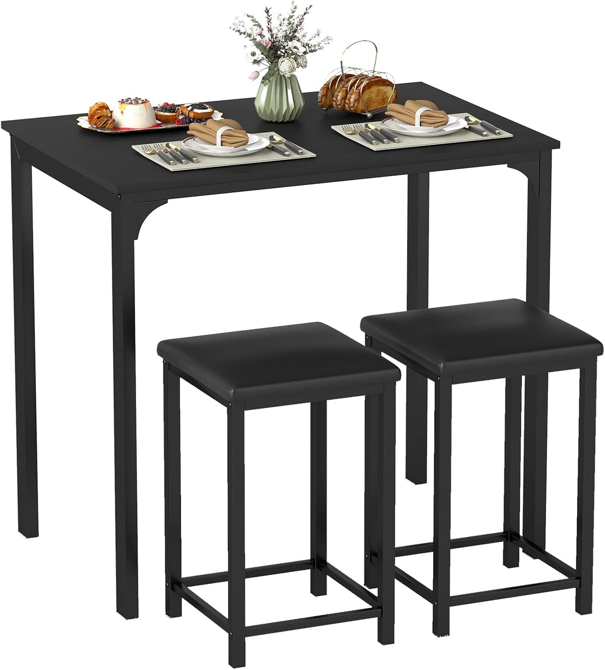 GIANTEX 3-Piece Dining Table Set for 2, Upholstered Stools (Black)