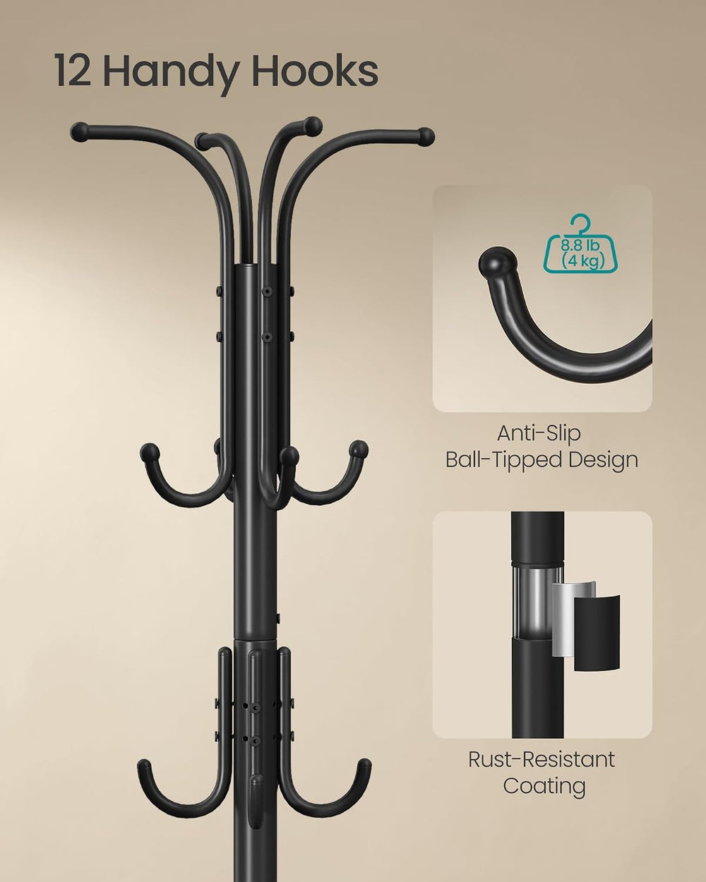 SONGMICS Metal Coat Rack Freestanding, with Umbrella Holder, 12 Hooks