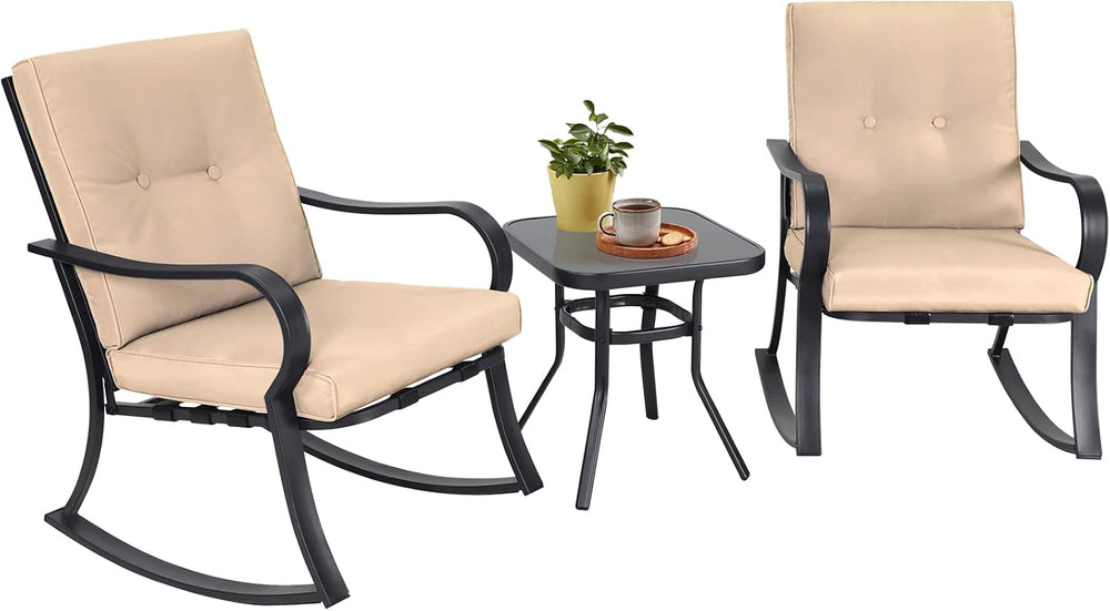 3-Piece Outdoor Rocking Chairs Bistro Sets Patio Furniture Set, Glass-Top Cof...