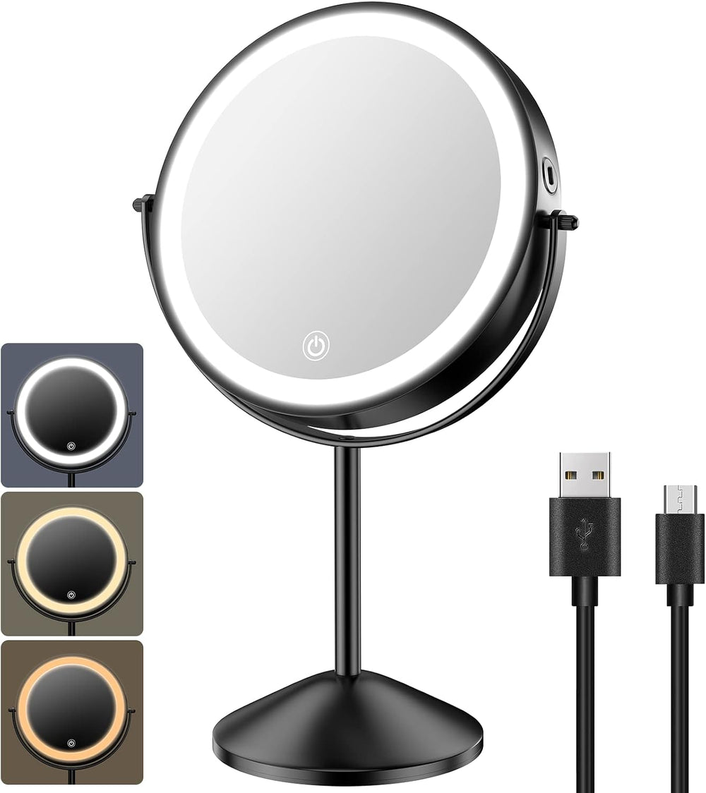 8 Inch Lighted Makeup Vanity Mirror with Lights 3 Color Dimmable, 1X/10X