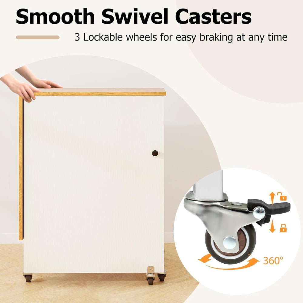 COSTWAY Folding Sewing Table with Charging Station, White & Natural