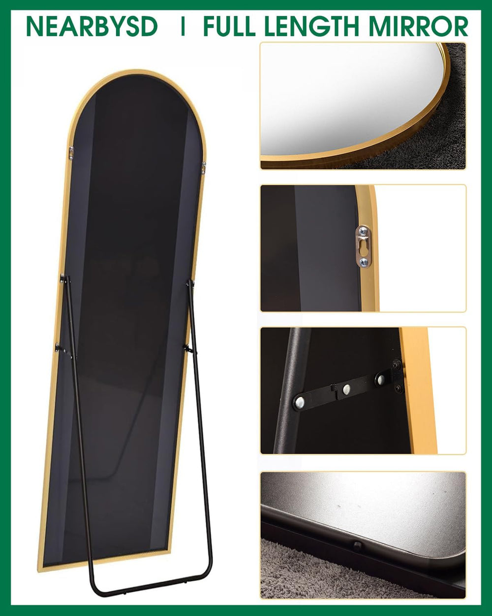 NEARBYSD 58"x18" Arched Full Length Mirror, Gold