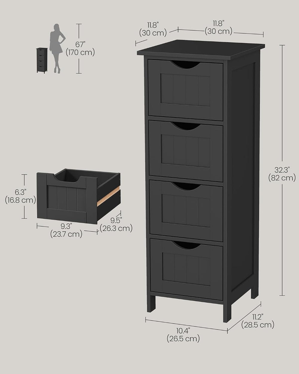 VASAGLE Floor Storage Cabinet, Freestanding Organizer with 4 Drawers