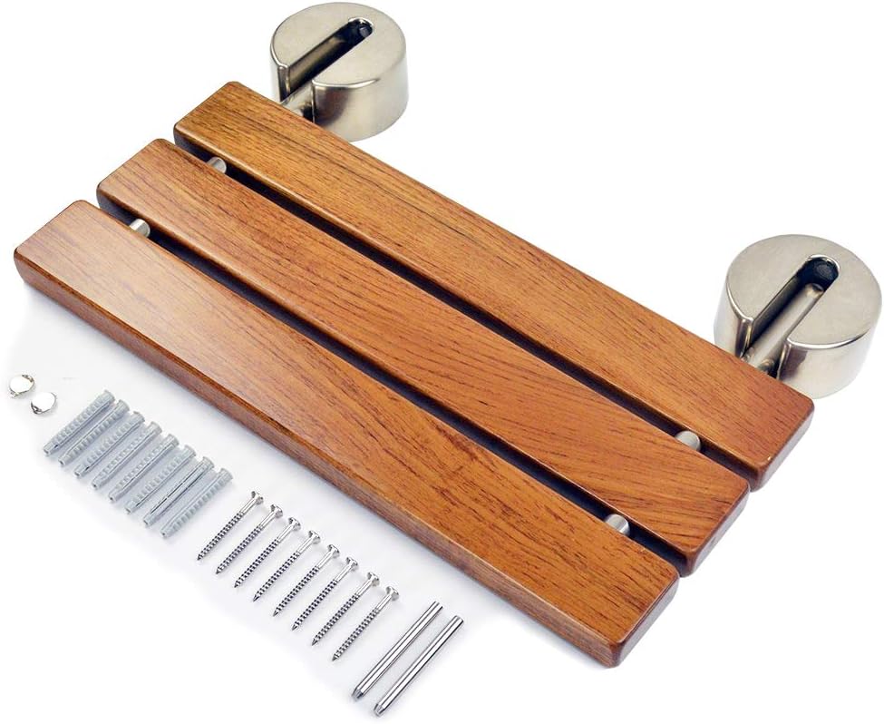 DIYHD 20" Burmese Teak Wood Wall Mounted Folding Shower Bench, Brushed
