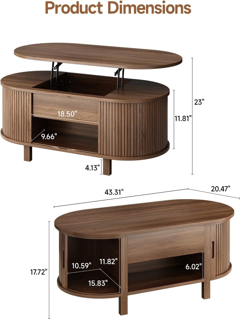 ONBRILL 43.3" Oval Lift Top Fluted Coffee Table with Sliding Door, Walnut