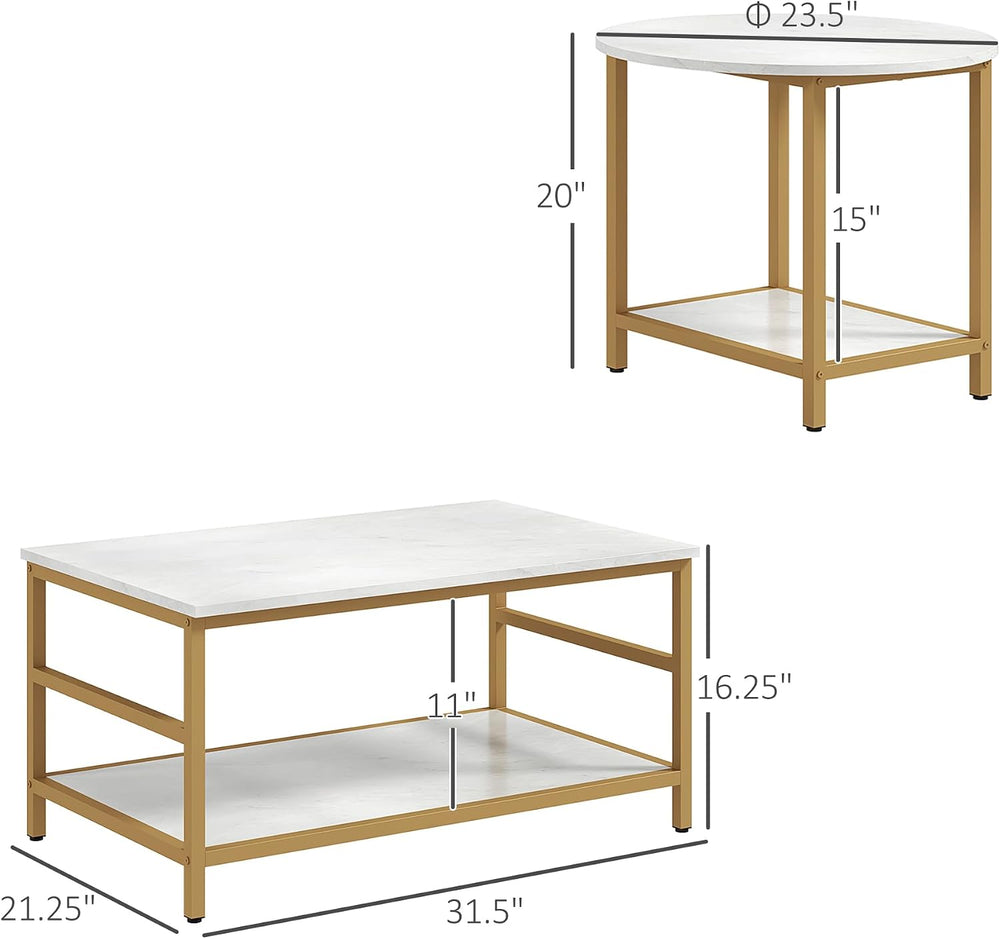 HOMCOM Coffee Tables Set of 2 2-Rier Sofa Side Table Faux Marble Top White