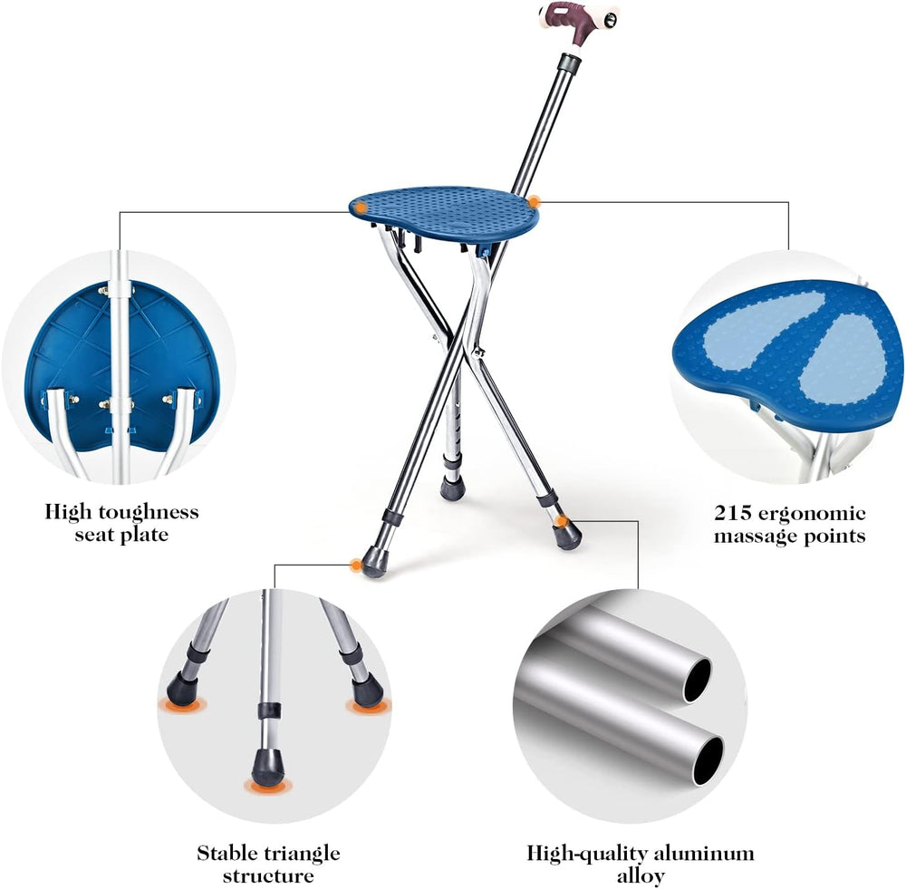 Goplus Walking Cane with Seat, Heavy Duty Aluminum Alloy Crutch Chair with LE...