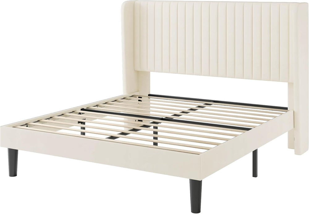SHA CERLIN Queen Size Velvet Bed Frame, Tufted Wingback Headboard, Cream