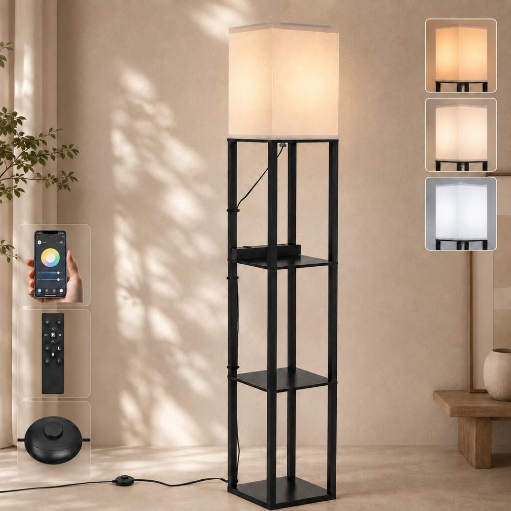 Solid Wood Floor Lamp with Shelves, Dimmable, Remote, for Living Room