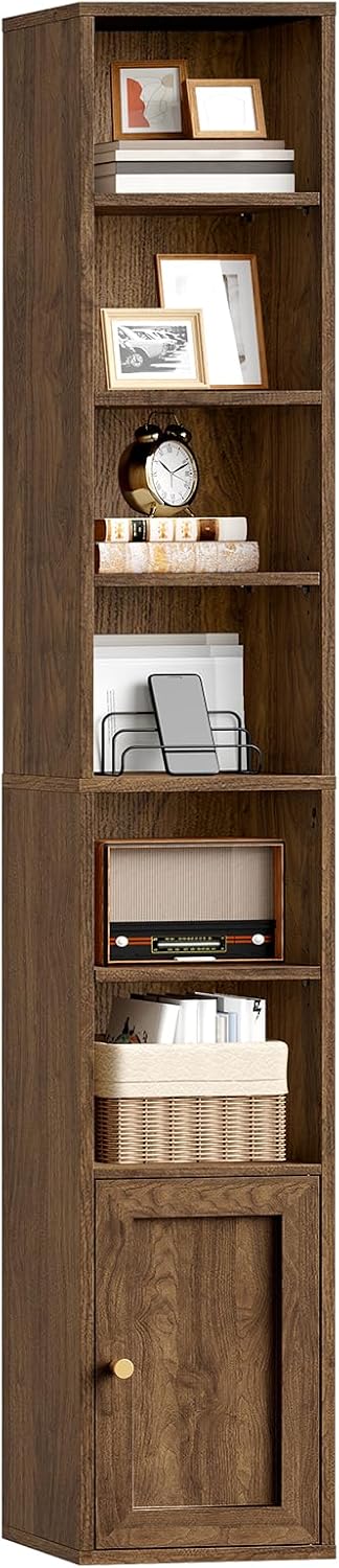 RALGEND 7-Tier Tall Narrow Bookshelf with Door, DVD Media Tower Rack