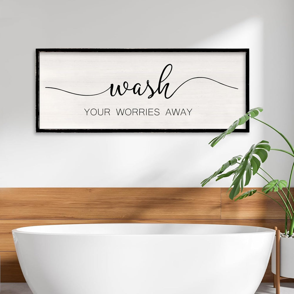 Wash Your Worries Away Bathroom Wall Decor, 40x15 Inch, Black