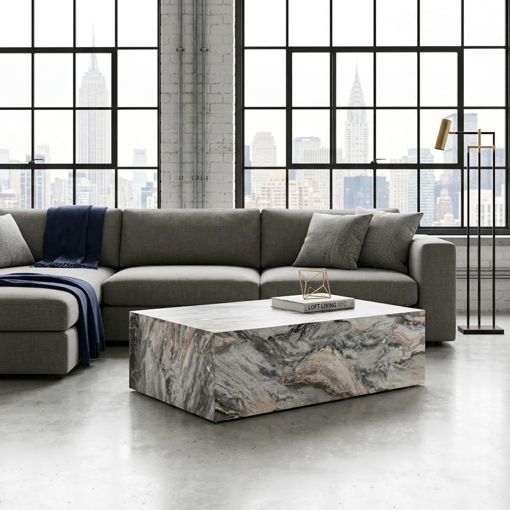 39.3" Faux Marble Coffee Table, Gray Modern Coffee Table, Rectangle