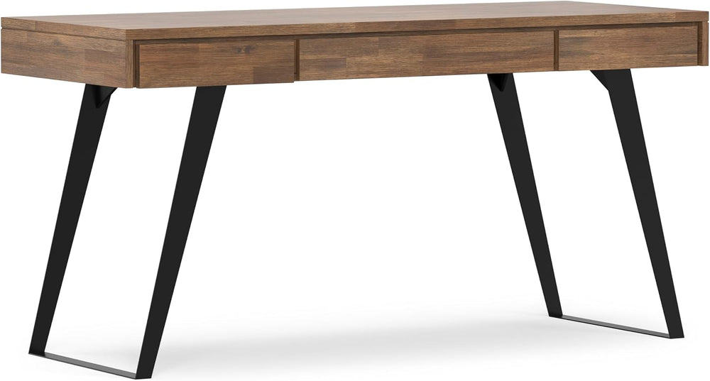 SIMPLIHOME Lowry 54" Wide Solid Acacia Wood Writing Desk in Natural Brown