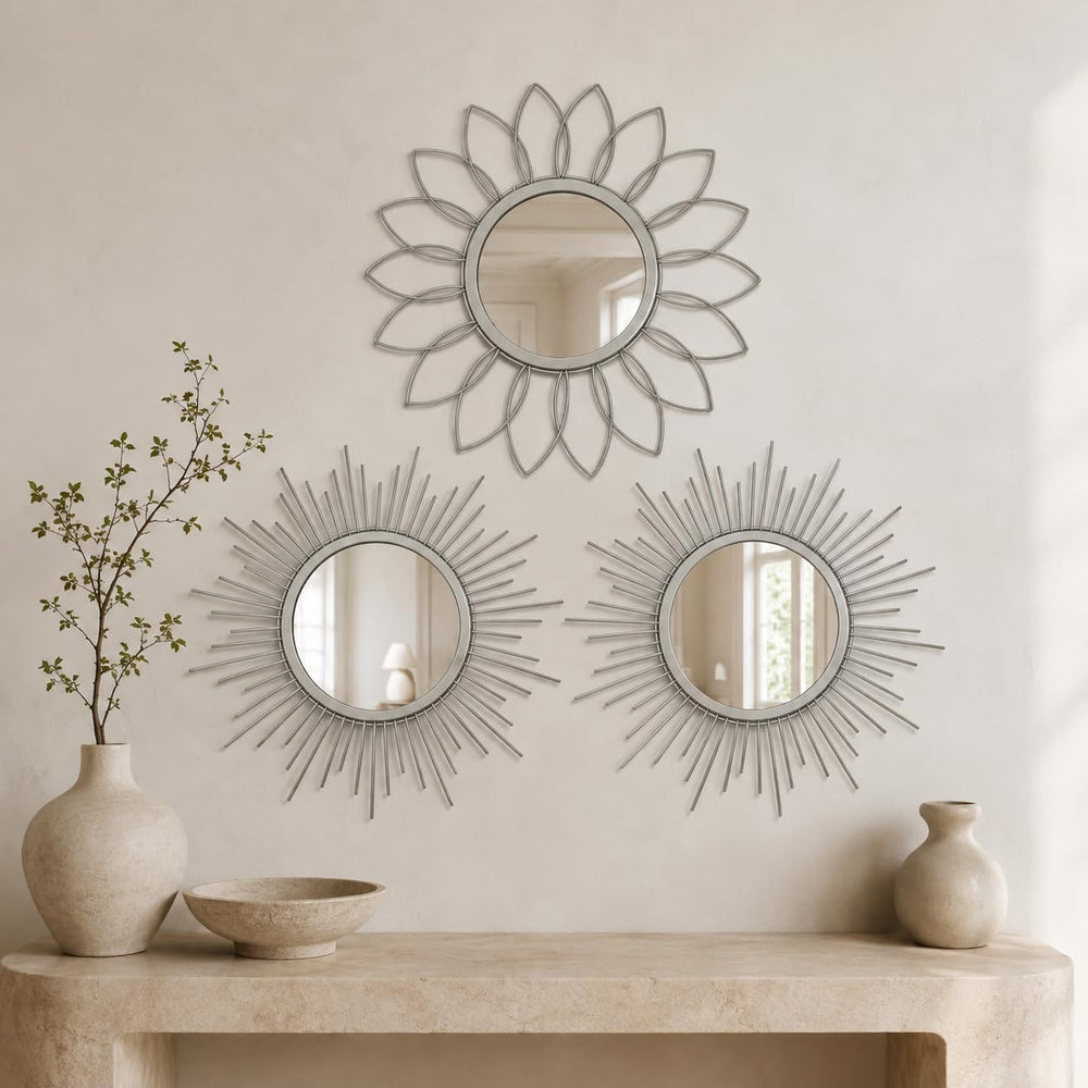 Silver Sunburst Mirror 14x14 Inch, Decorative Wall Accent with Metal Frame, S...