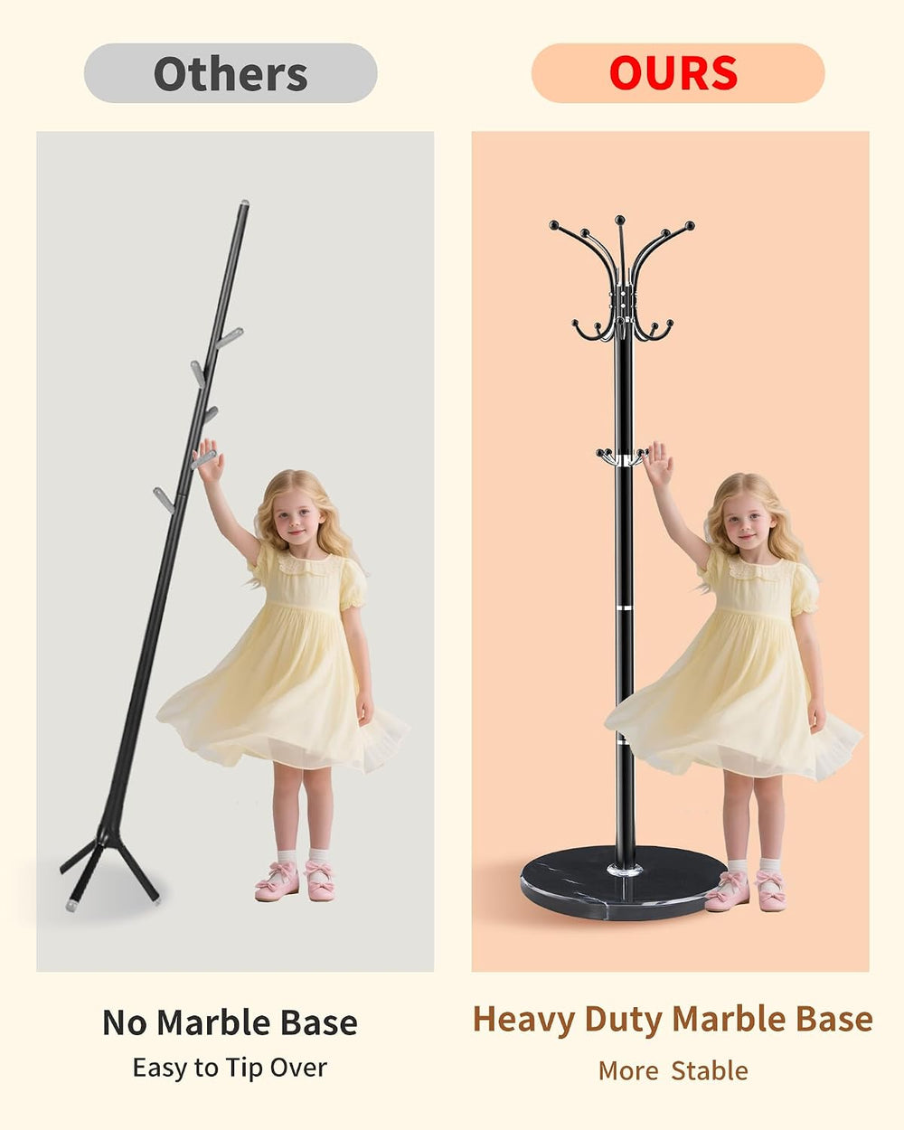 Metal Coat Rack Freestanding with 360°Rotary 14 Hooks Marble Base
