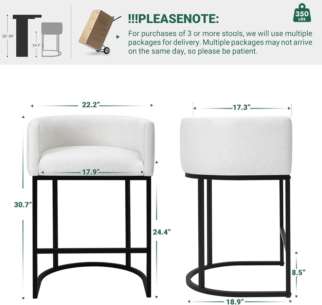 Counter Height Bar Stools Set of 4, 24 Inch Seat Height Barstools for Dining Room, Fabric Upholstered Bar Chair for Kitchen Island, Linen Counter Stools with Metal Legs, White