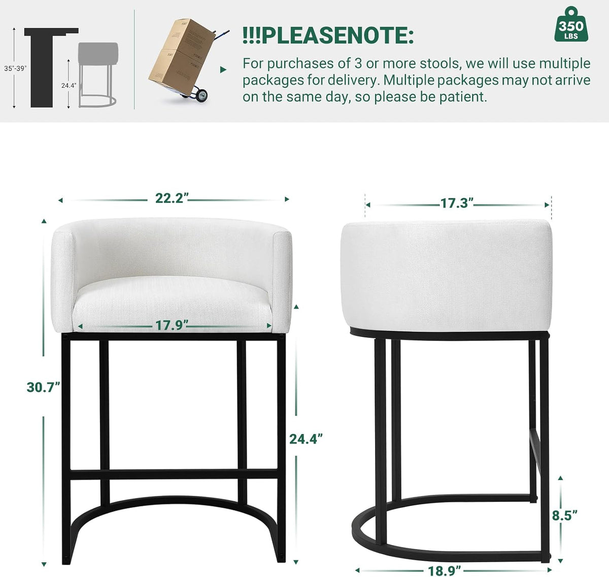 Counter Height Bar Stools Set of 4, 24 Inch Seat Height Barstools for Dining Room, Fabric Upholstered Bar Chair for Kitchen Island, Linen Counter Stools with Metal Legs, White