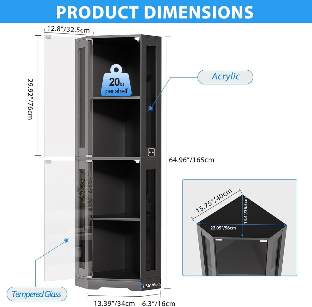 BROTTAR 65" Corner Display Cabinet with Glass Doors & LED Lights, Black