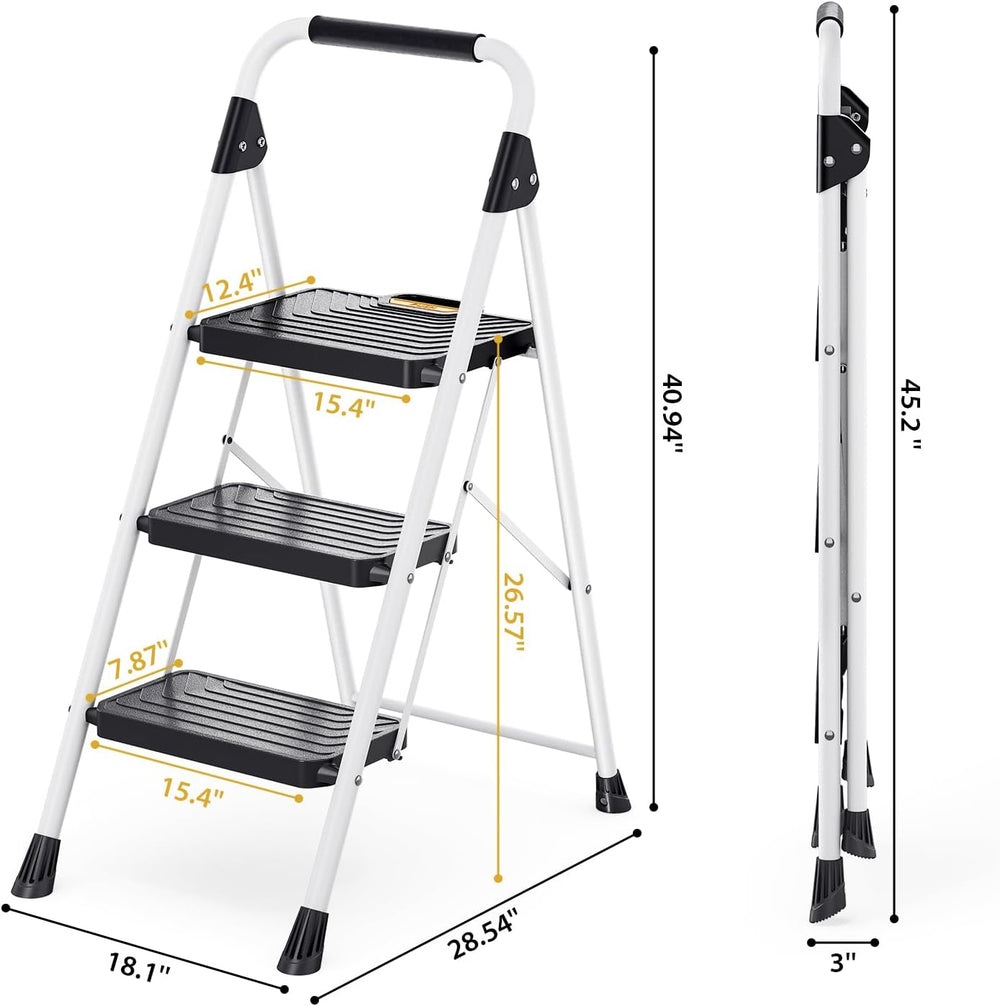 KINGRACK 3 Step Ladder, Folding Step Stool for Home and Kitchen, White
