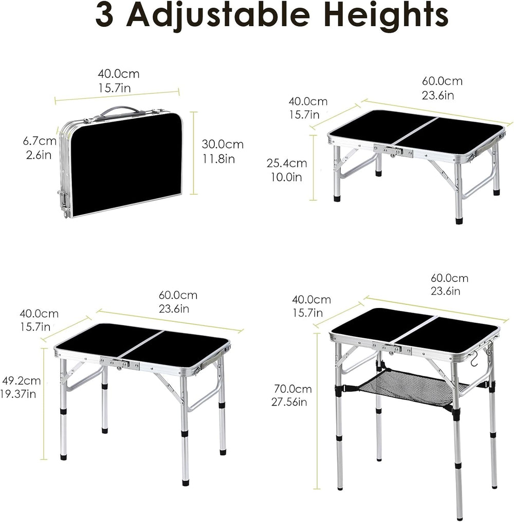Folding Picnic Table 2ft Portable Camping Table Adjustable Heights, Black