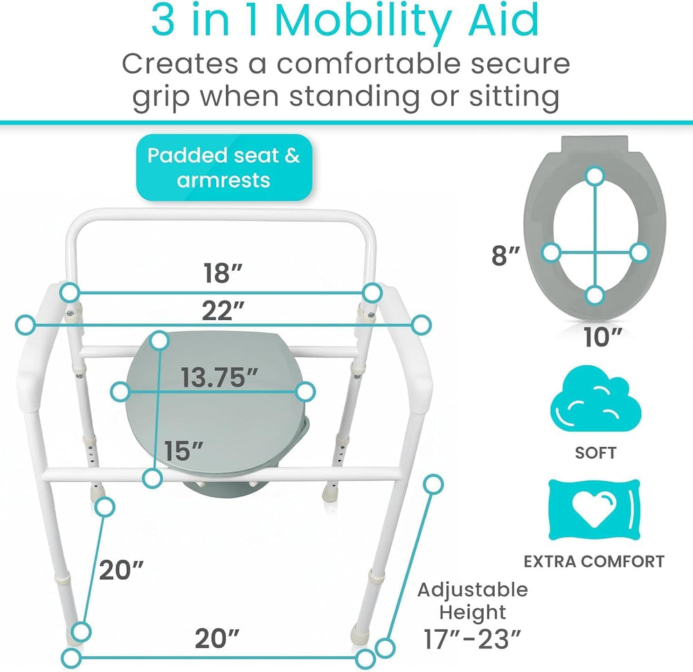 Vive Bedside Commode Toilet Chair (Folding) - 350 lb Capacity, Safety Rail, S...