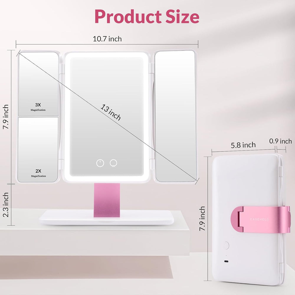 EASEHOLD Foldable Travel Tri fold Lighted Makeup Vanity Mirror with Lights