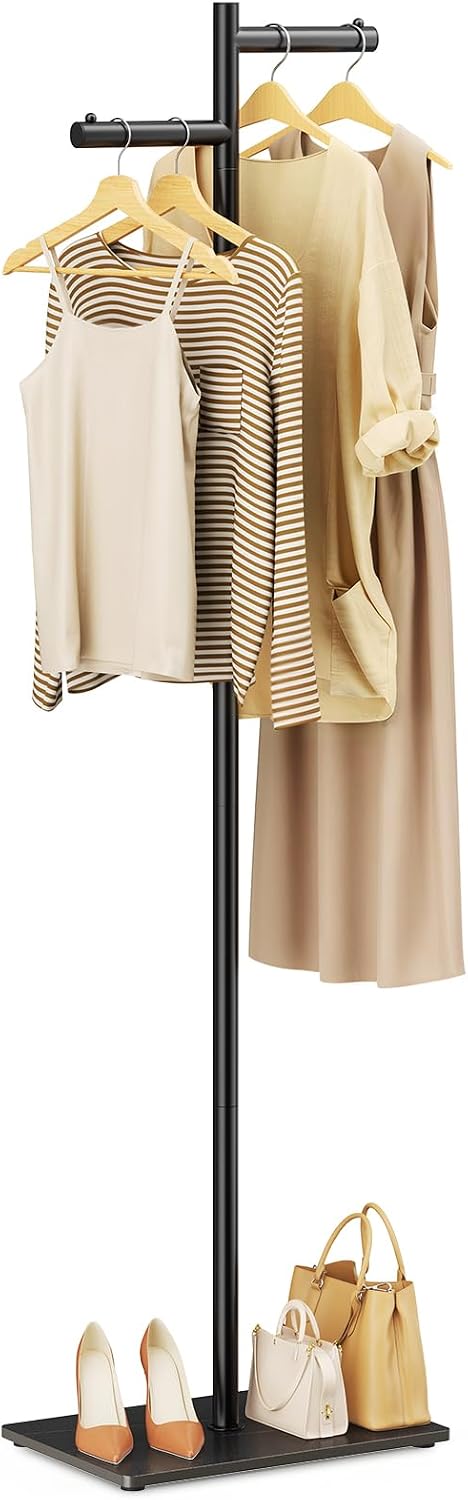 Metal Freestanding Coat Rack, 68.9"H Z-Shaped Coat Tree with Natural Roc...