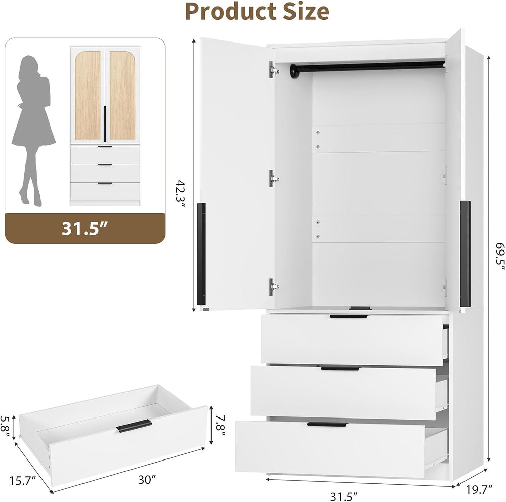 GarveeHome 70" Wardrobe Armoire Wooden Closet with 3 Drawers, White