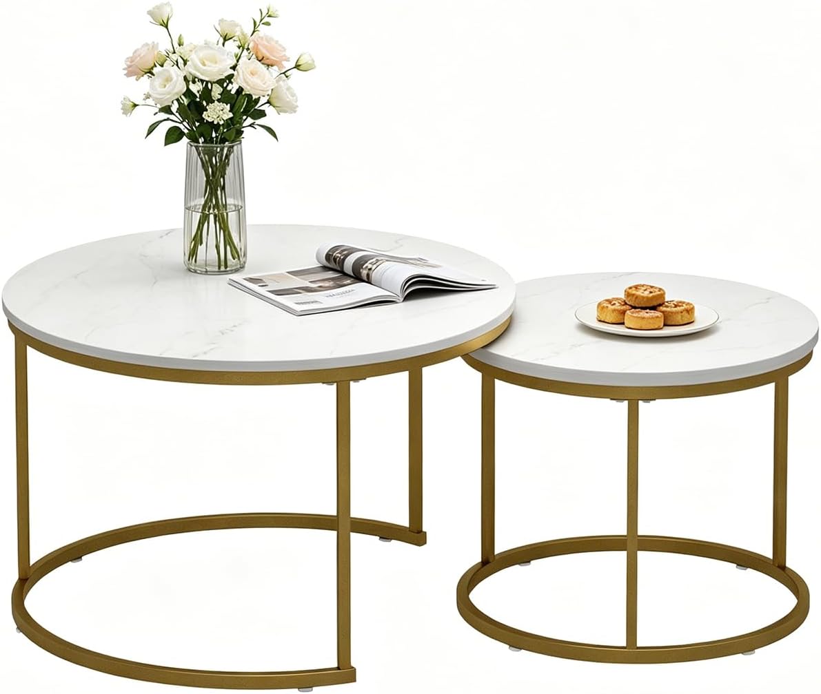 White Round Nesting Coffee Table Set of 2, Marble Pattern Top with Gold Metal Frame, 27.6" & 19.7" Nesting Side Table for Living Room, Space Saving