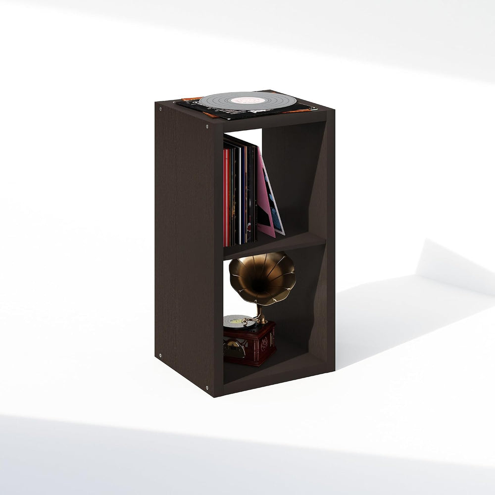 Furinno Cubicle Record Player Stand, 2-Cube Record Storage, Dark Oak