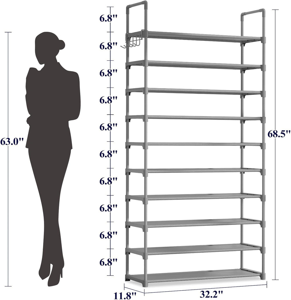 Kitsure 10 Tier Shoe Rack, Tall Shoe Organizer, 32.2" Wide, Gray