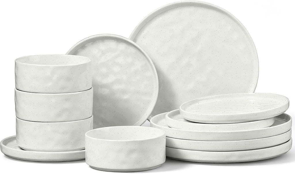 E-far Stoneware Dinnerware Set, 12-Piece White Plates and Bowls Sets for 4