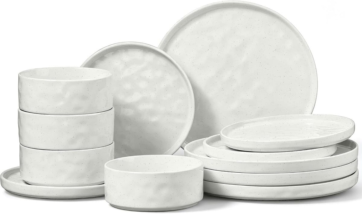 E-far Stoneware Dinnerware Set, 12-Piece White Plates and Bowls Sets for 4