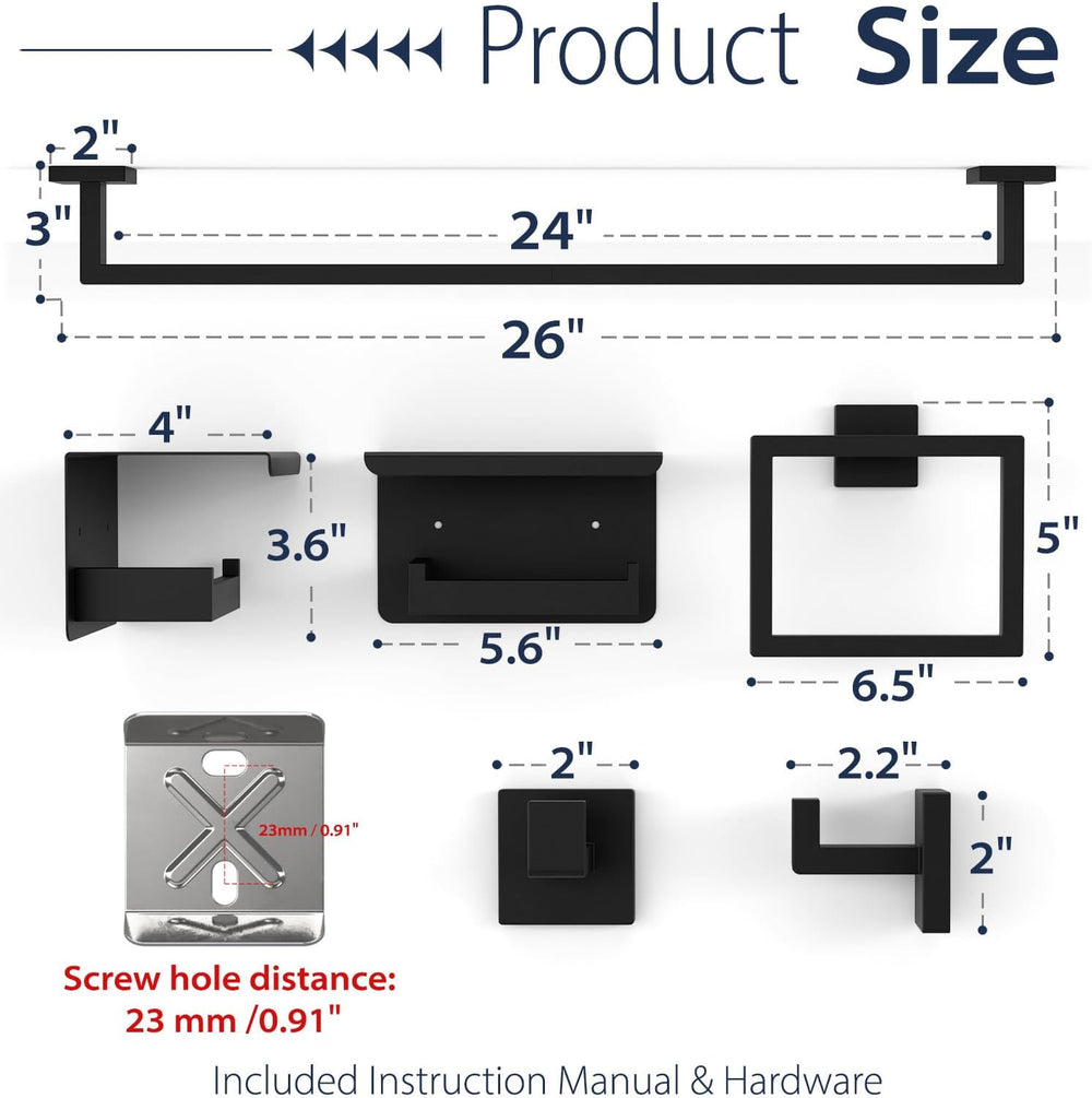 5-Piece Matte Black Bathroom Towel Bar Set,24" Bathroom Hardware Kit
